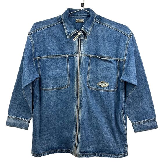 VTG Macgear Men Denim Jean Jacket Full Zip Patch Elbows Baggy Y2K Skater 90s XXL - Picture 1 of 7